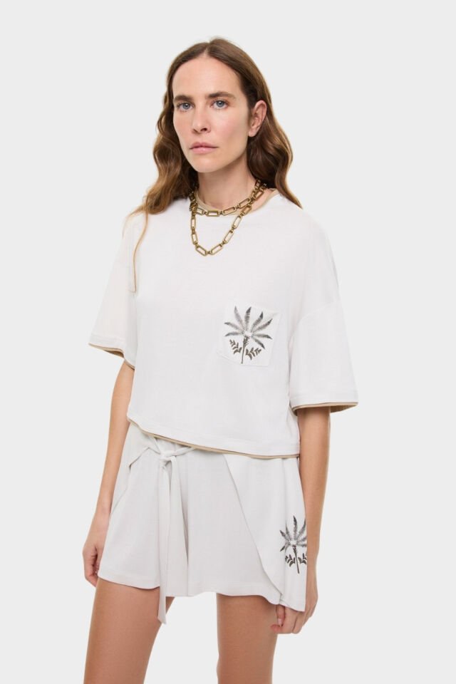 Roman Palmiye Baskılı T-Shirt Taş