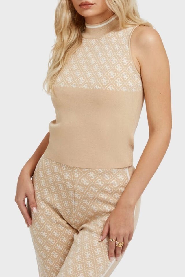 Guess Sl Rn Lise Logolu Slim Fit Triko Bayan Kazak Bej