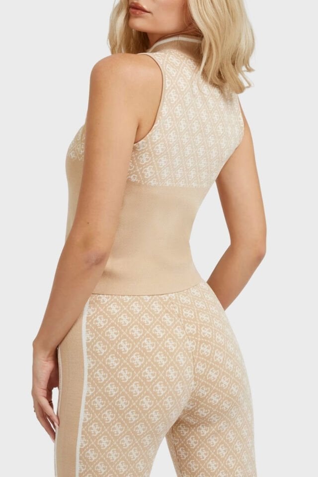 Guess Sl Rn Lise Logolu Slim Fit Triko Bayan Kazak Bej