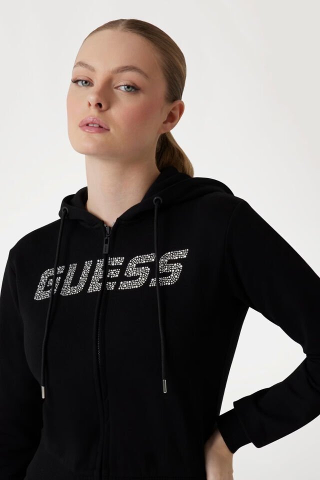 Guess Logolu Yapay Elmaslı Kapüşonlu Sweatshirt Siyah