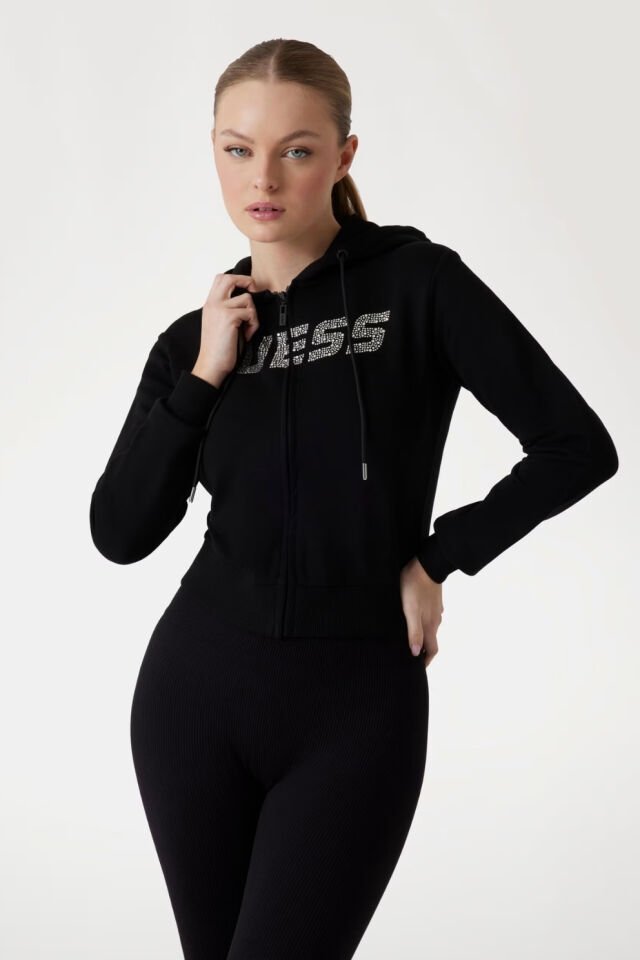 Guess Logolu Yapay Elmaslı Kapüşonlu Sweatshirt Siyah