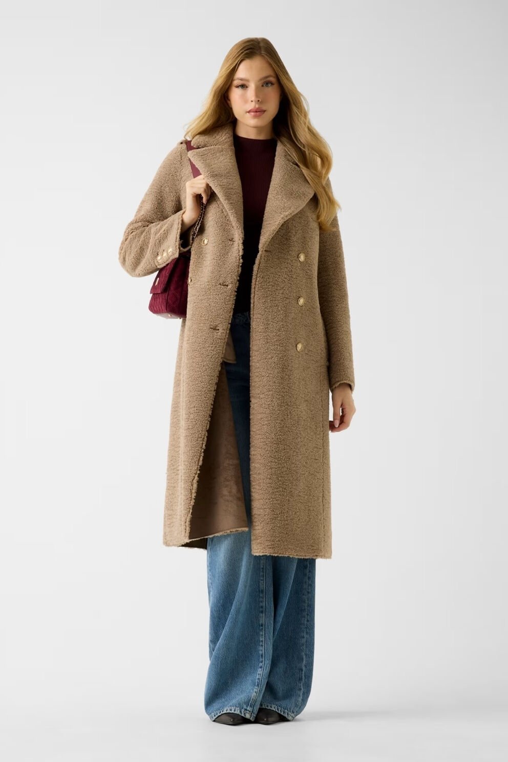 Guess Suni Kürk Uzun Palto Kahverengi