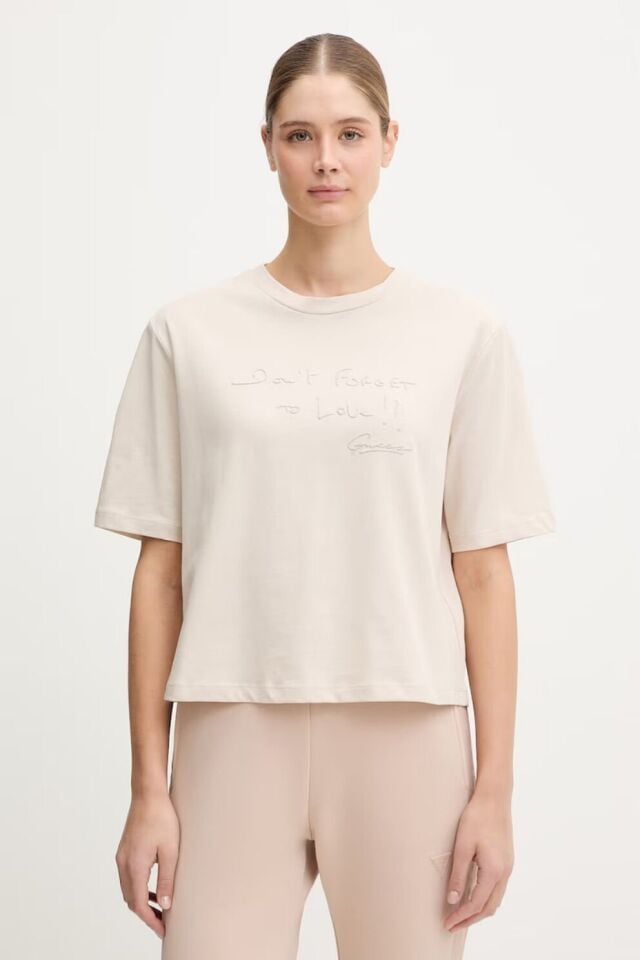 Gues Yazılı Pamuklu Regular Fit Bisiklet Yaka Krem