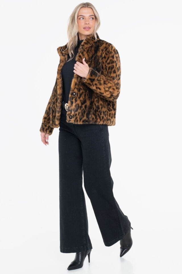 Guess Luna Leopar Desenli Regular Fit Dik Yaka Suni Kürk