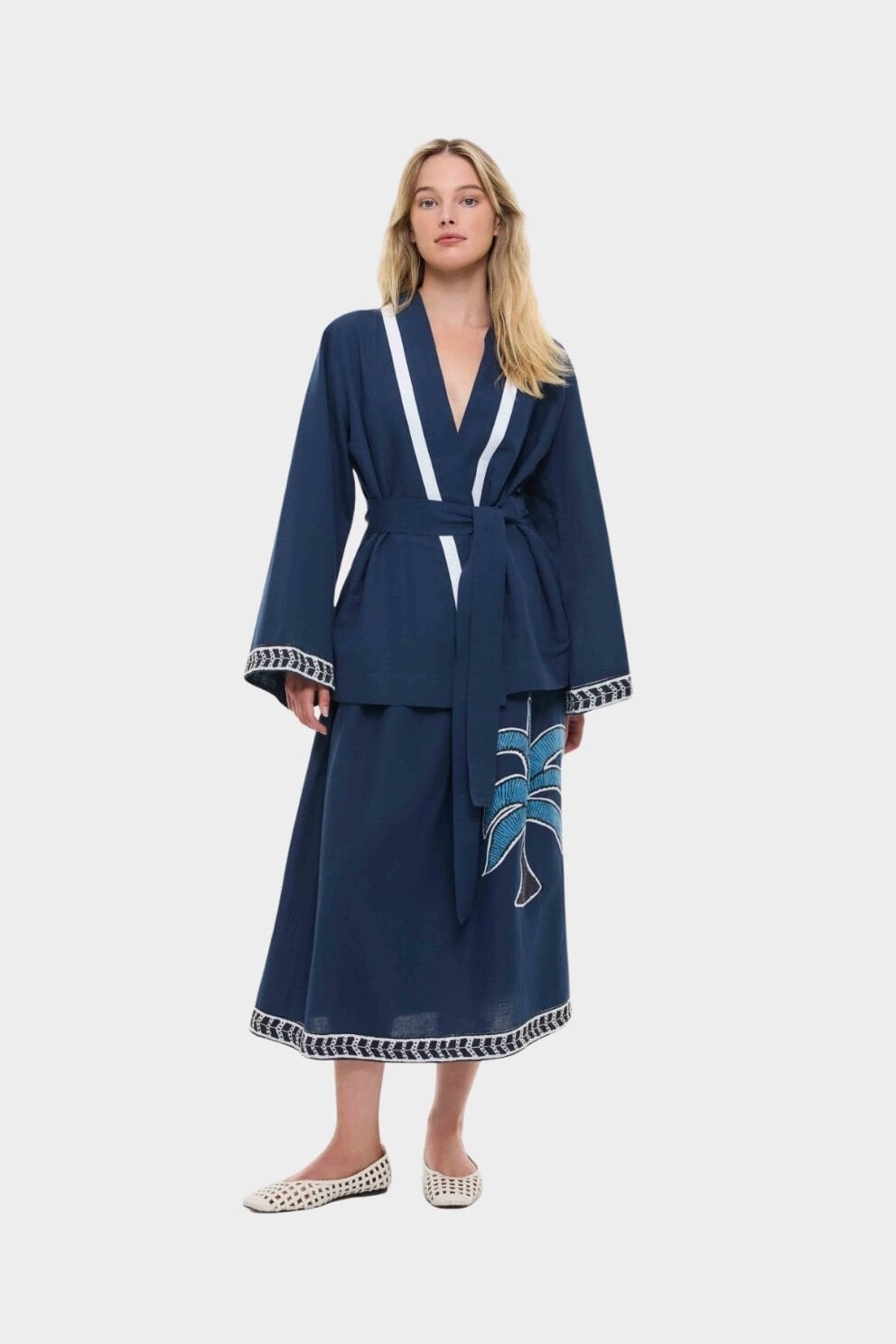 Roman Sırt Detaylı Keten Garnili Kimono Lacivert