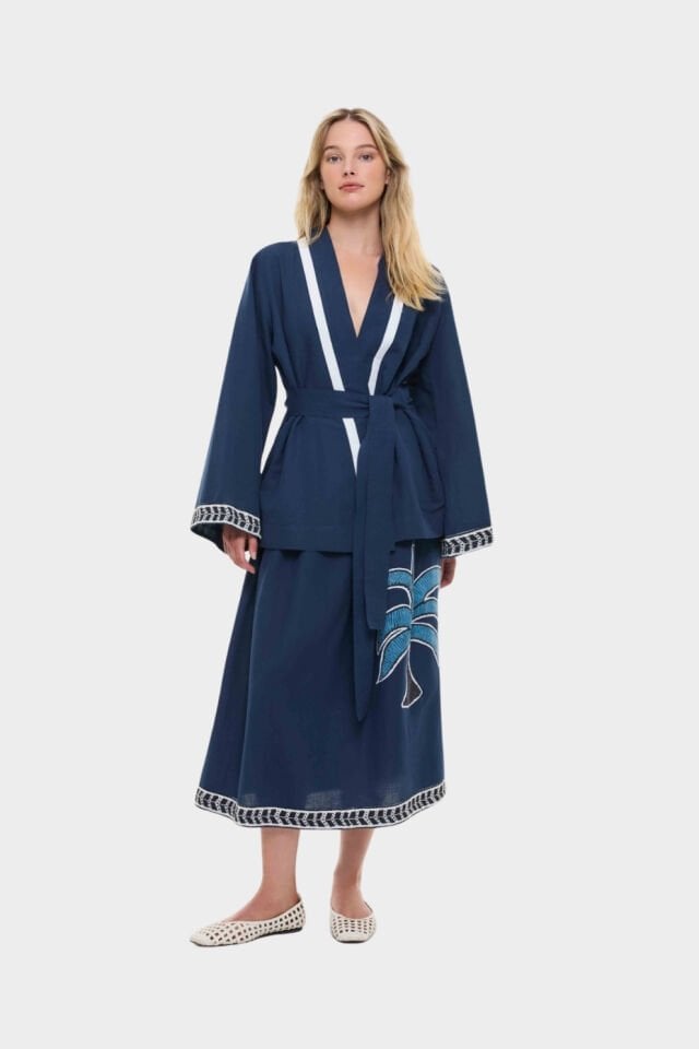 Roman Sırt Detaylı Keten Garnili Kimono Lacivert