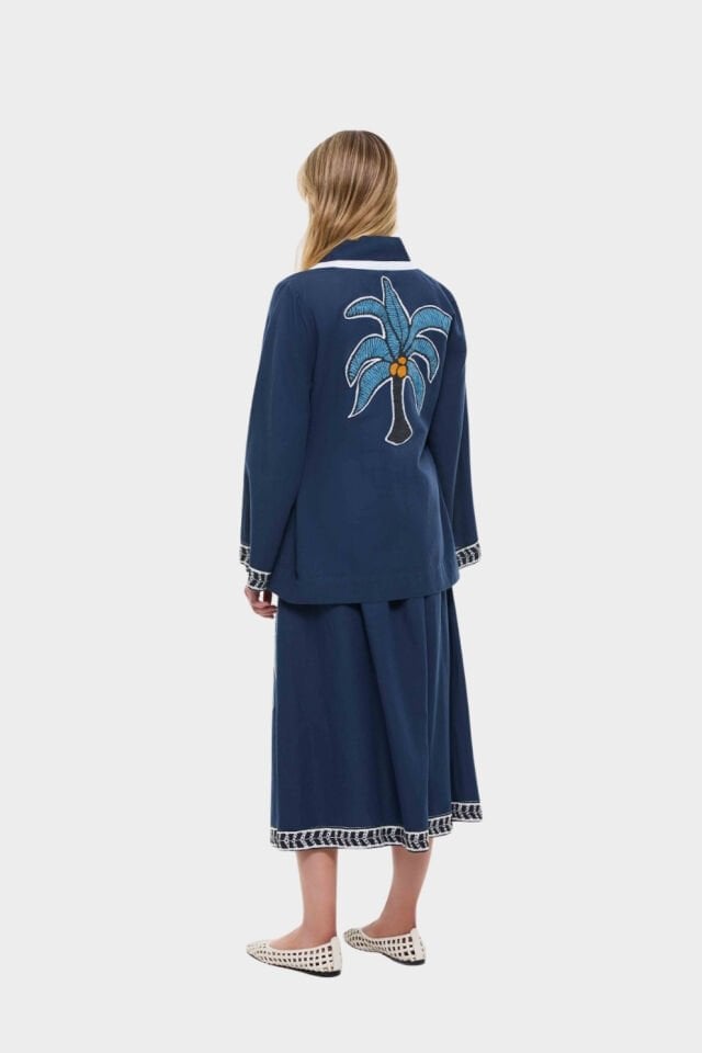 Roman Sırt Detaylı Keten Garnili Kimono Lacivert