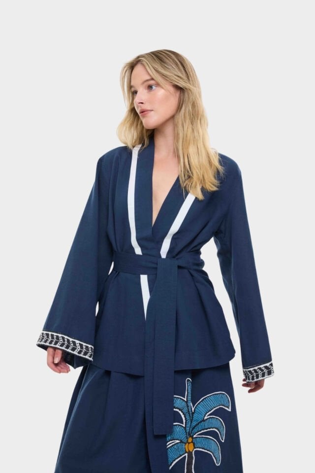 Roman Sırt Detaylı Keten Garnili Kimono Lacivert