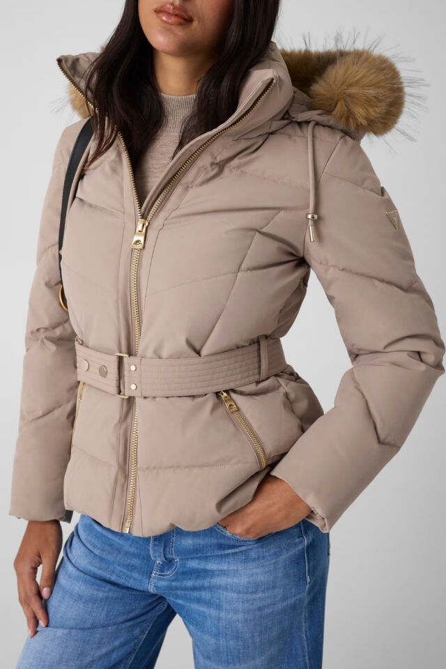 Guess Kısa Kemerli Şişme Ceket Krem