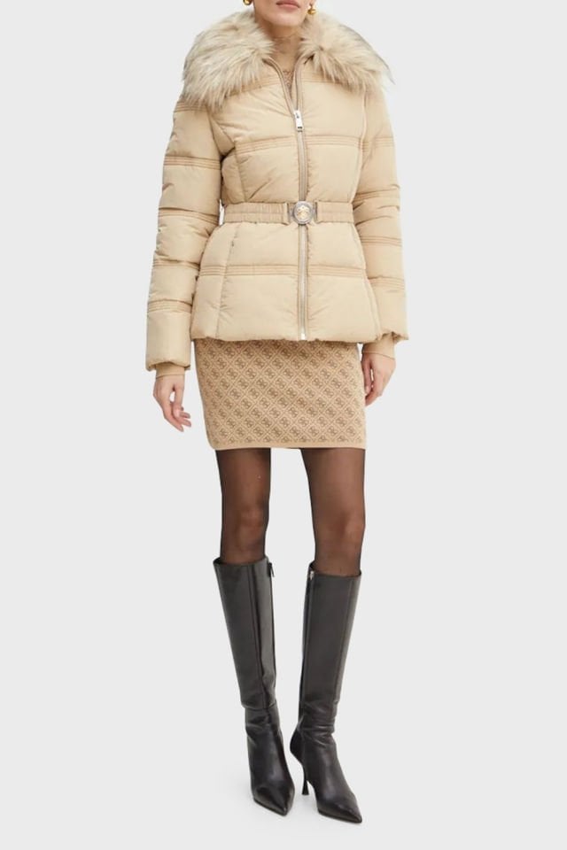 Guess Suni Kürk Yakalı Şişme Mont Bej