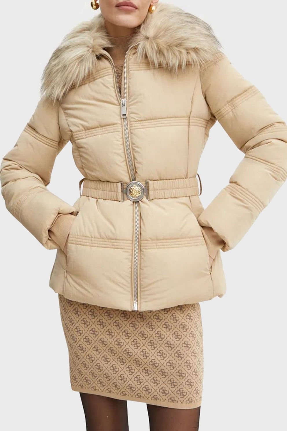 Guess Suni Kürk Yakalı Şişme Mont Bej