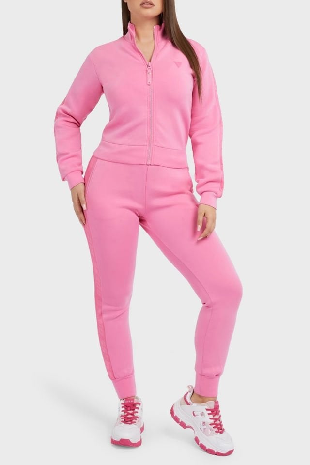 Guess New Allie Logo Şeritli Regular Fit Fermuarlı Dik Yaka Bayan Sweat Fuşya