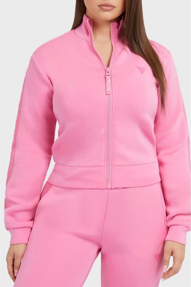 Guess New Allie Logo Şeritli Regular Fit Fermuarlı Dik Yaka Bayan Sweat Fuşya