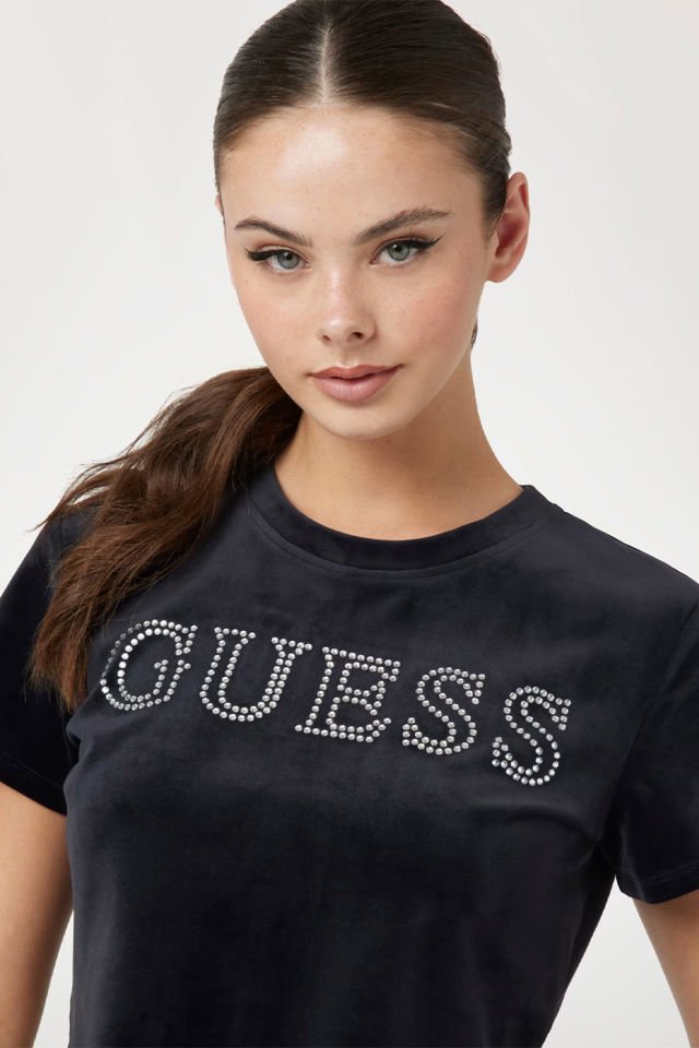 Guess Önü Taşlı Logolu Tişört Siyah