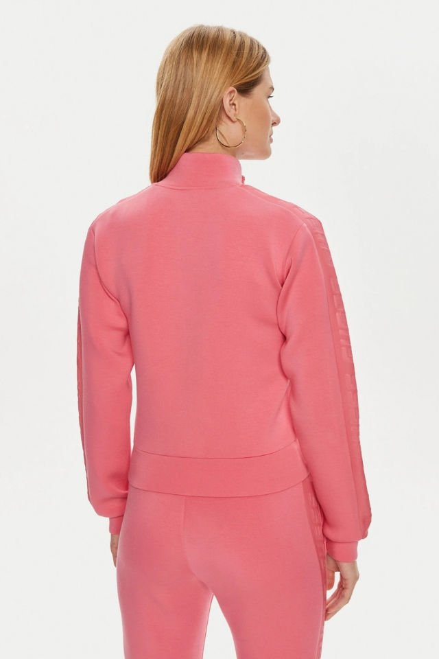 Guess New Allie Logo Şeritli Regular Fit Fermuarlı Dik Yaka Bayan Sweat Pembe
