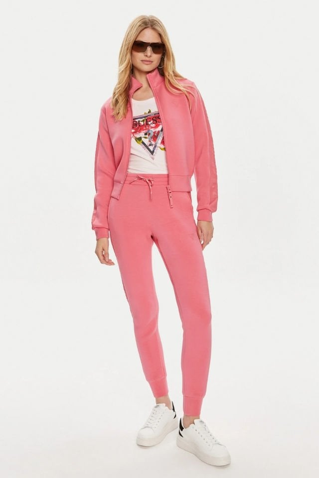 Guess New Allie Logo Şeritli Regular Fit Fermuarlı Dik Yaka Bayan Sweat Pembe
