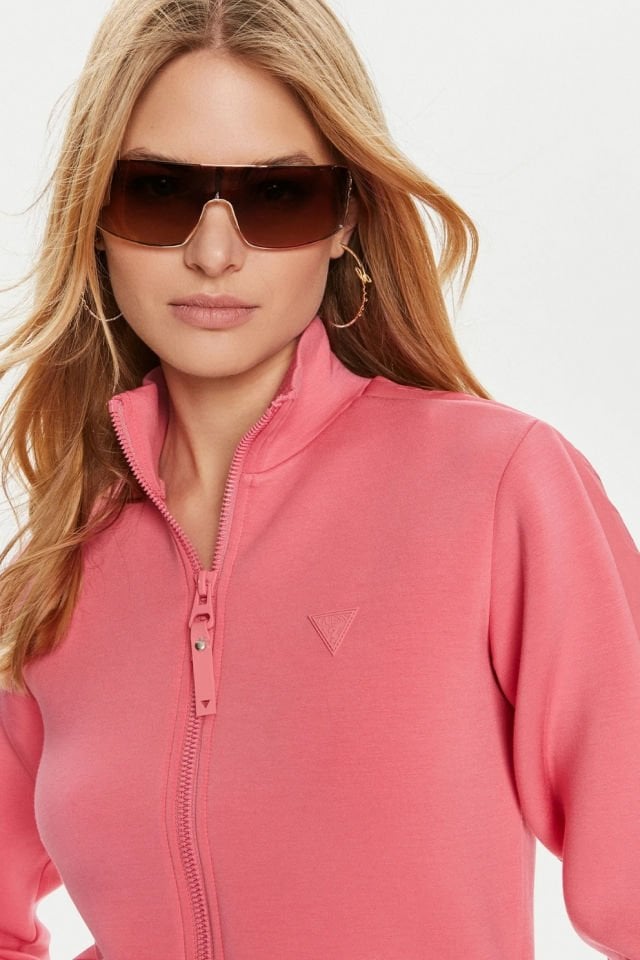 Guess New Allie Logo Şeritli Regular Fit Fermuarlı Dik Yaka Bayan Sweat Pembe