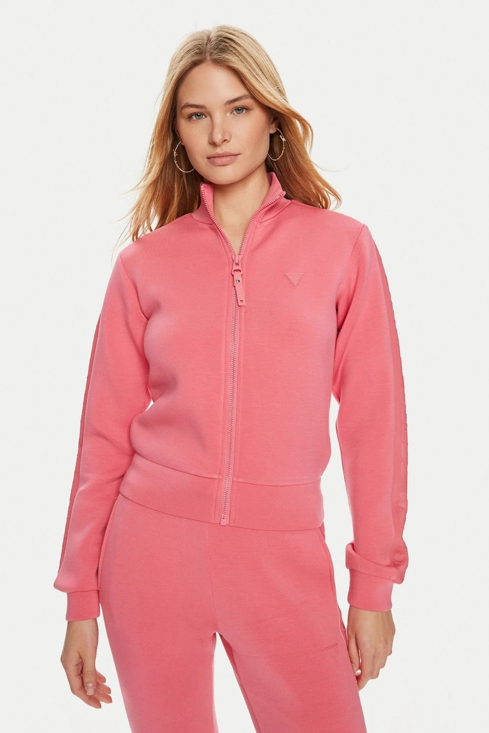 Guess New Allie Logo Şeritli Regular Fit Fermuarlı Dik Yaka Bayan Sweat Pembe