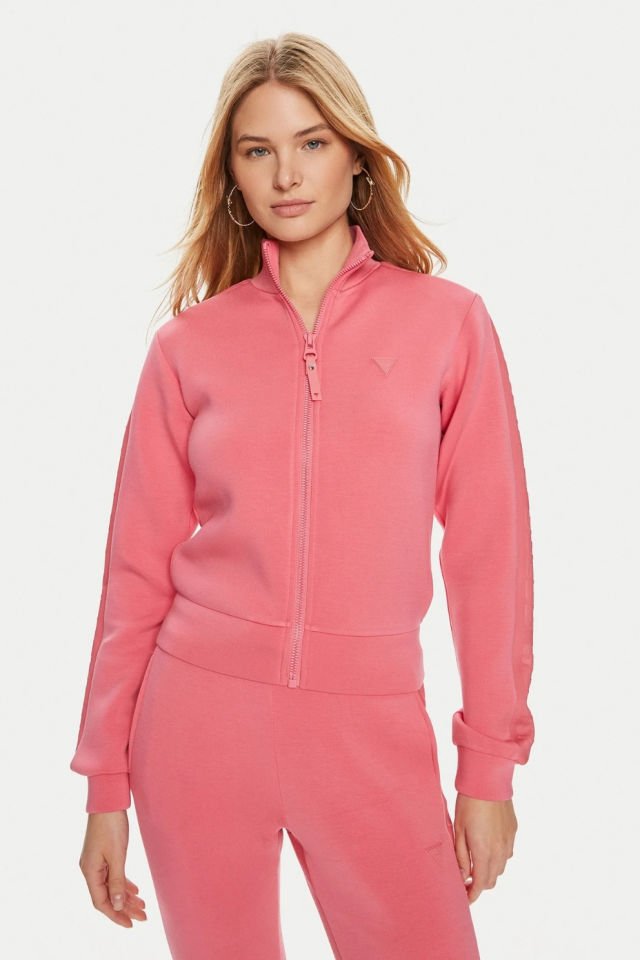 Guess New Allie Logo Şeritli Regular Fit Fermuarlı Dik Yaka Bayan Sweat Pembe
