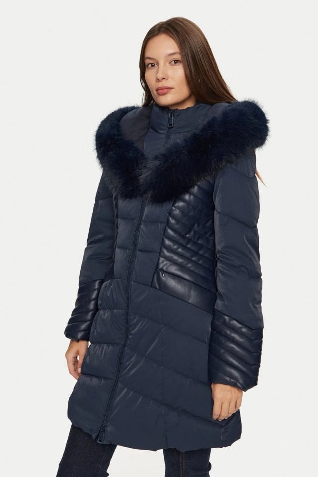 Guess Suni Kürk Kapüşonlu Şişme Mont Koyu Mavi