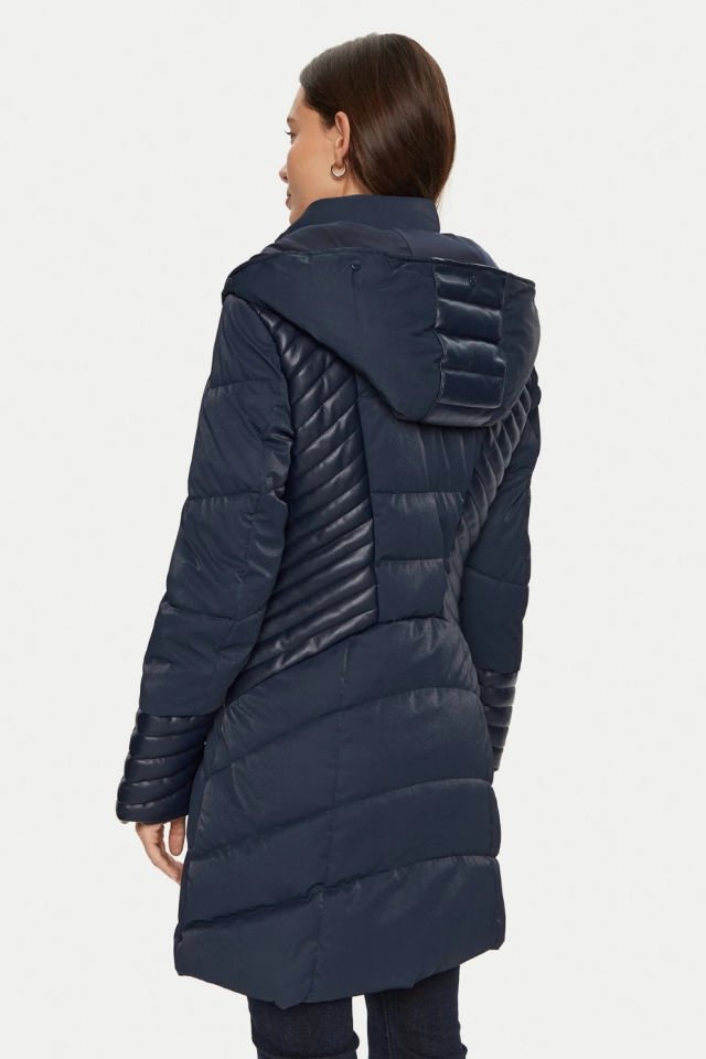 Guess Suni Kürk Kapüşonlu Şişme Mont Koyu Mavi