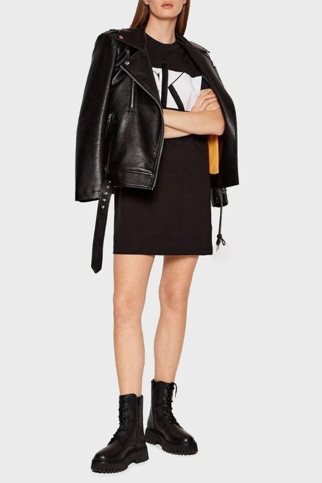 Calvin Kleın Pamuklu Regular Fit Bisiklet Yaka Mini Bayan Elbise Siyah