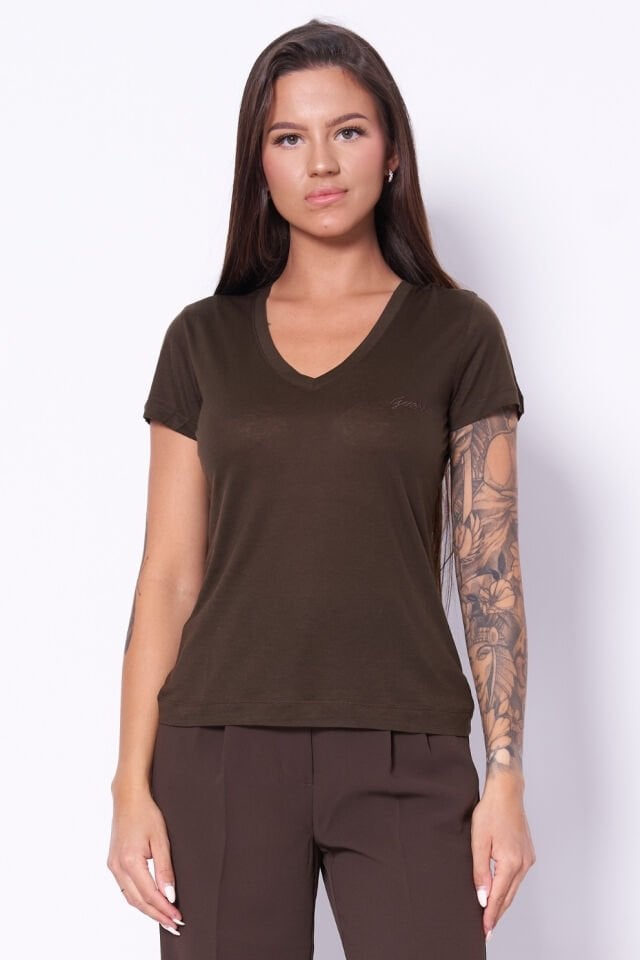 Guess V Yakalı Tişört Kahverengi