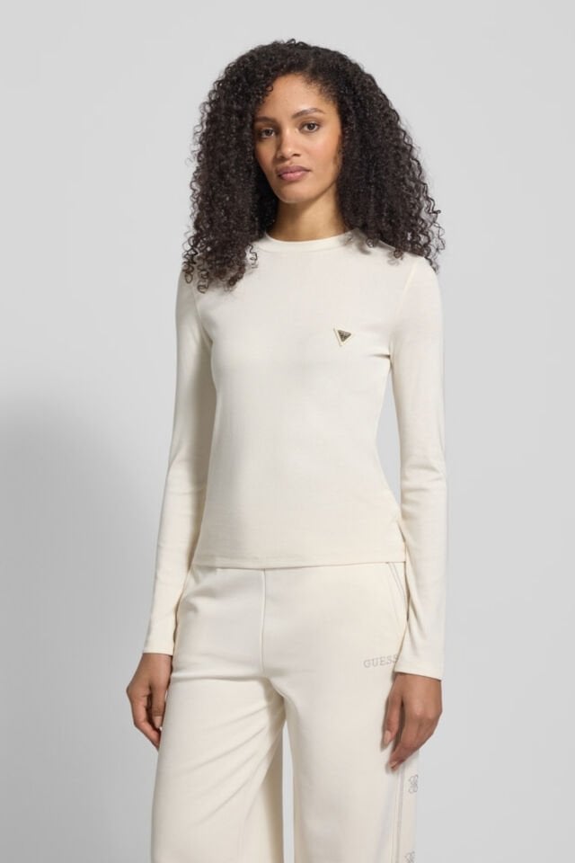 Guess Uzun Kollu Etiket Detaylı Krem Tİşört