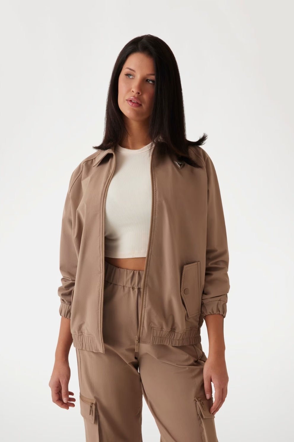 Guess Boydan Boya Fermuarlı Sweatshirt Bej