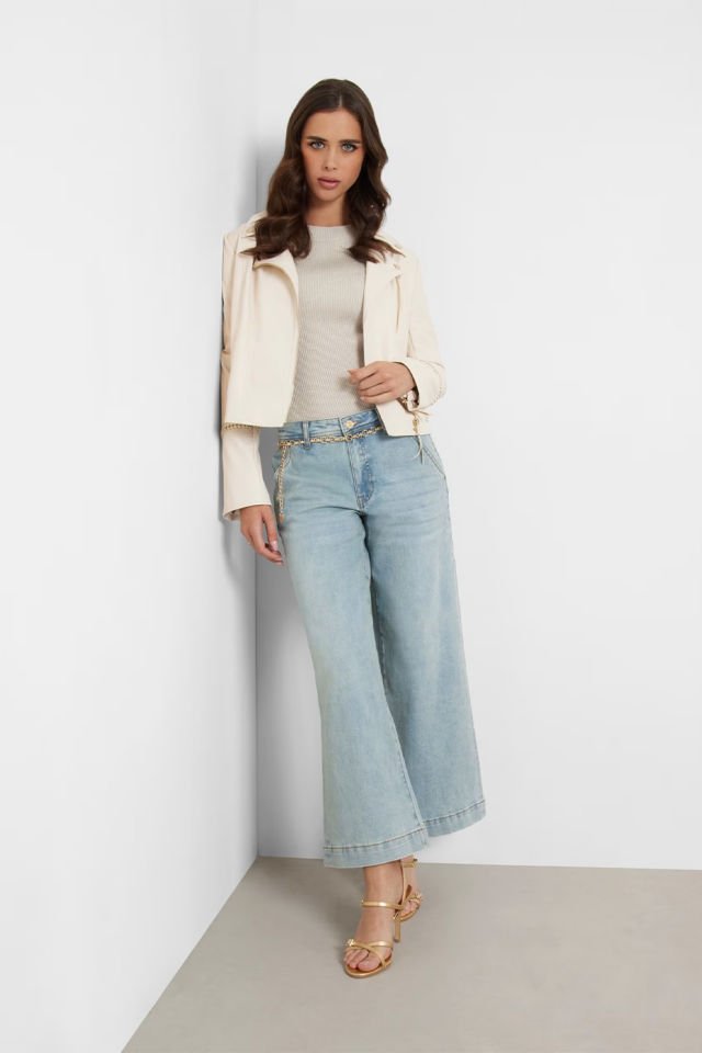 Guess Suni Deri Biker Ceket Krem Rengi