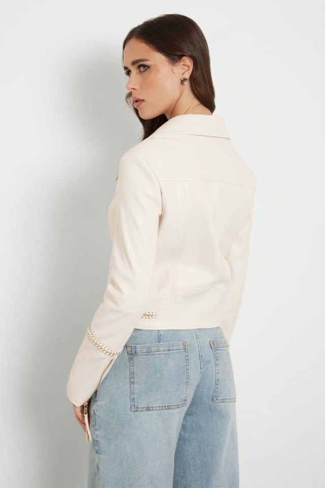 Guess Suni Deri Biker Ceket Krem Rengi