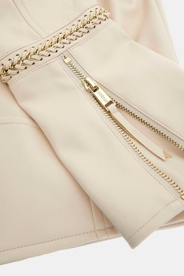 Guess Suni Deri Biker Ceket Krem Rengi