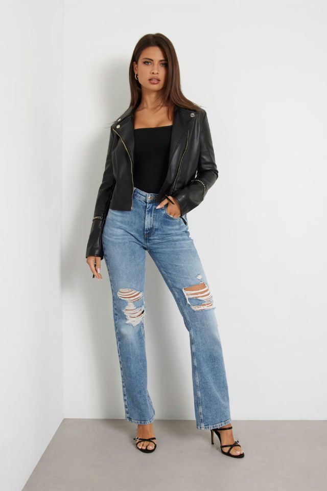 Guess Suni Deri Biker Ceket Siyah