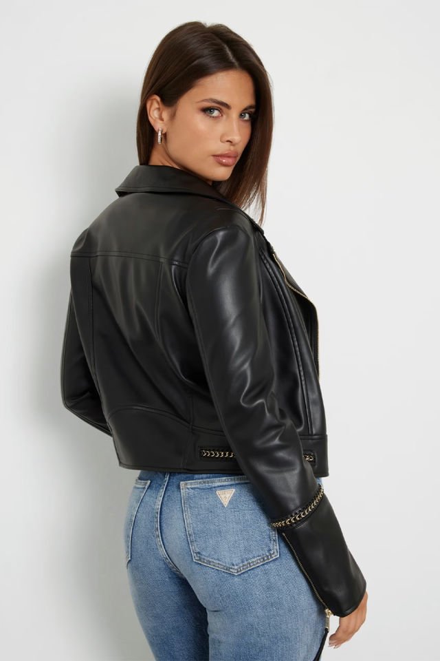 Guess Suni Deri Biker Ceket Siyah