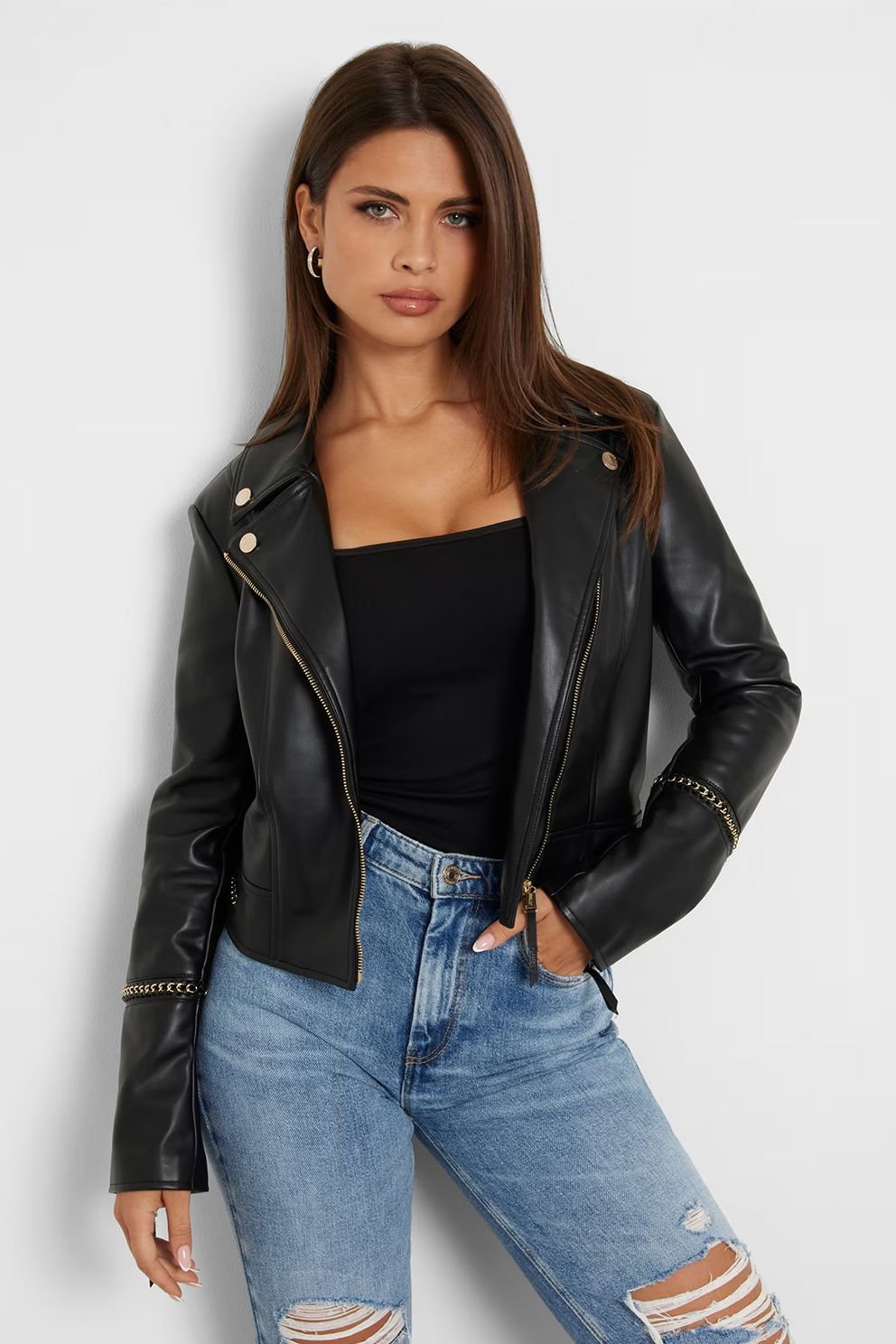 Guess Suni Deri Biker Ceket Siyah