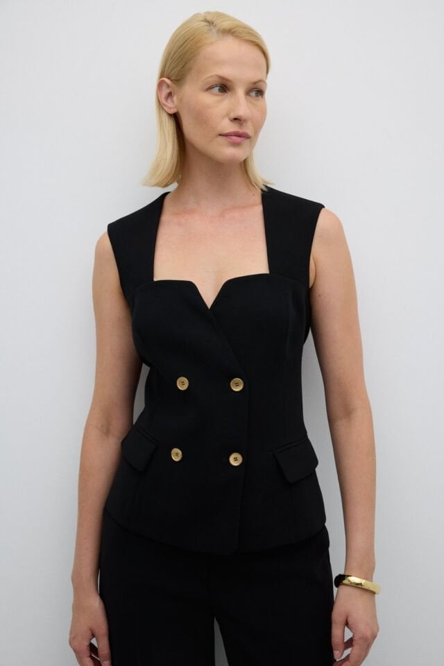 Roman Gold Düğmeli Kruvaze Yelek Siyah
