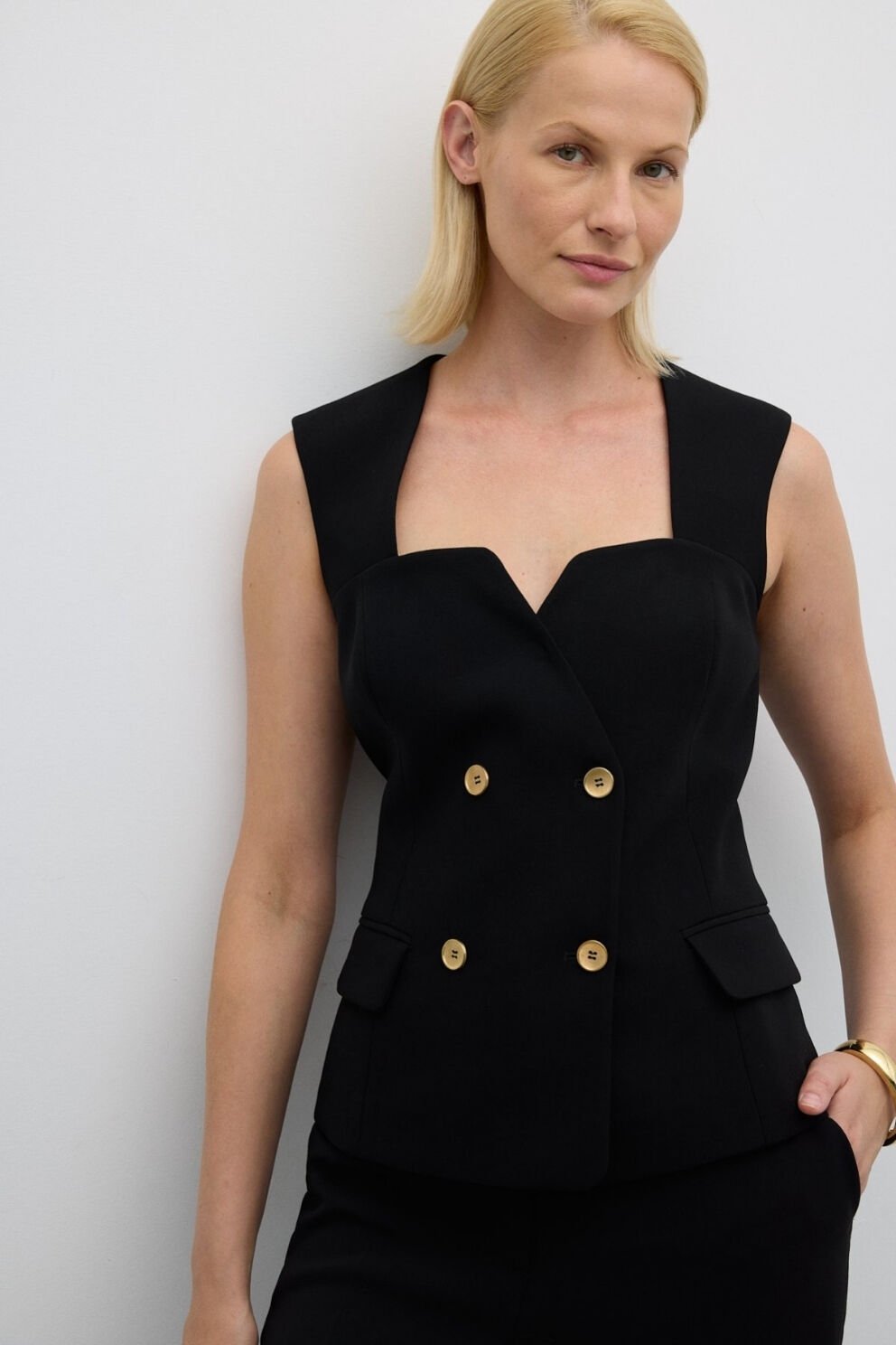 Roman Gold Düğmeli Kruvaze Yelek Siyah