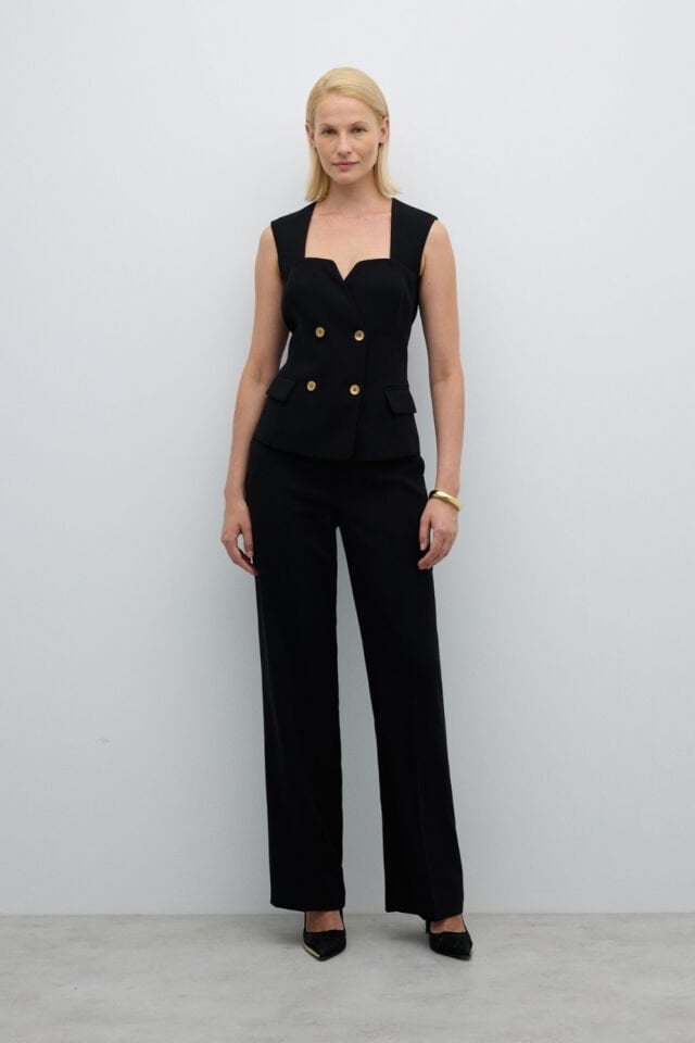 Roman Gold Düğmeli Kruvaze Yelek Siyah