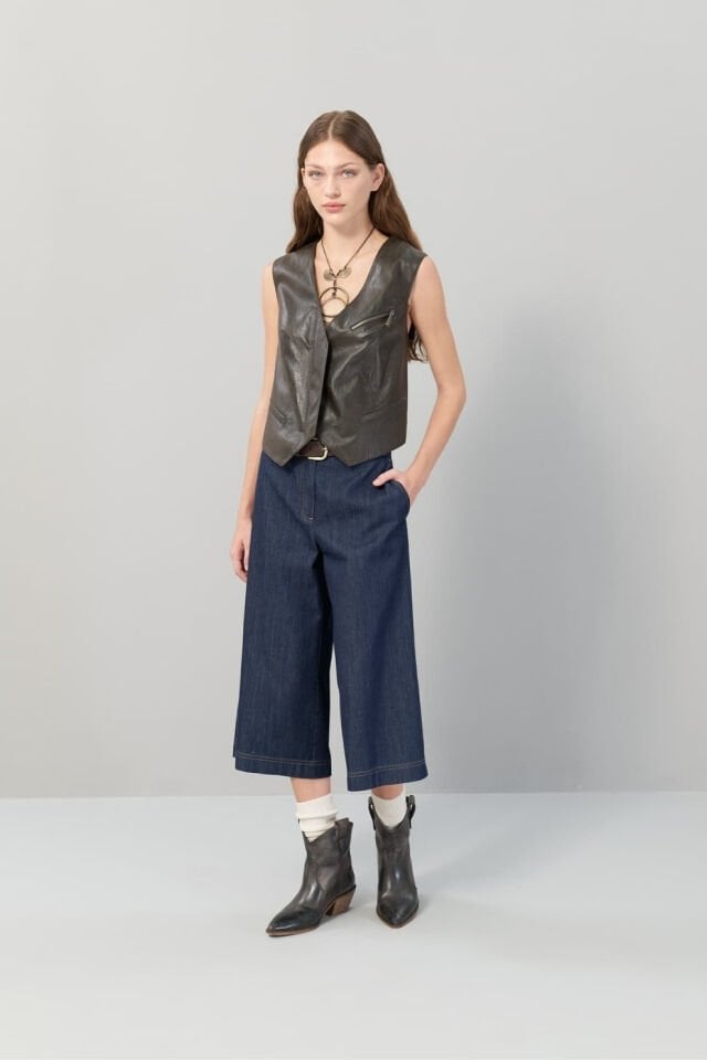 Roman Önü Fermuarlı V Yaka Eskitme Deri Yelek Kahve