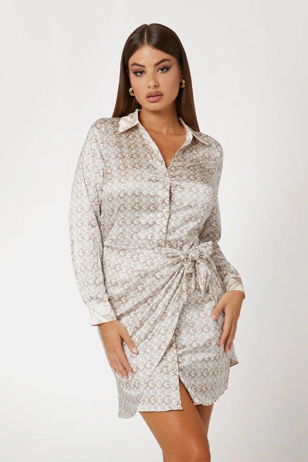 Guess Tamamı Desenli Mini Elbise Çok Renkli Bej