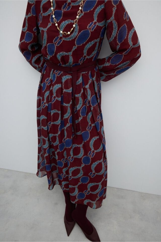 Roman Ribana Yakalı Eteği Pileli Balon Kol Elbise Bordo-Lacivert