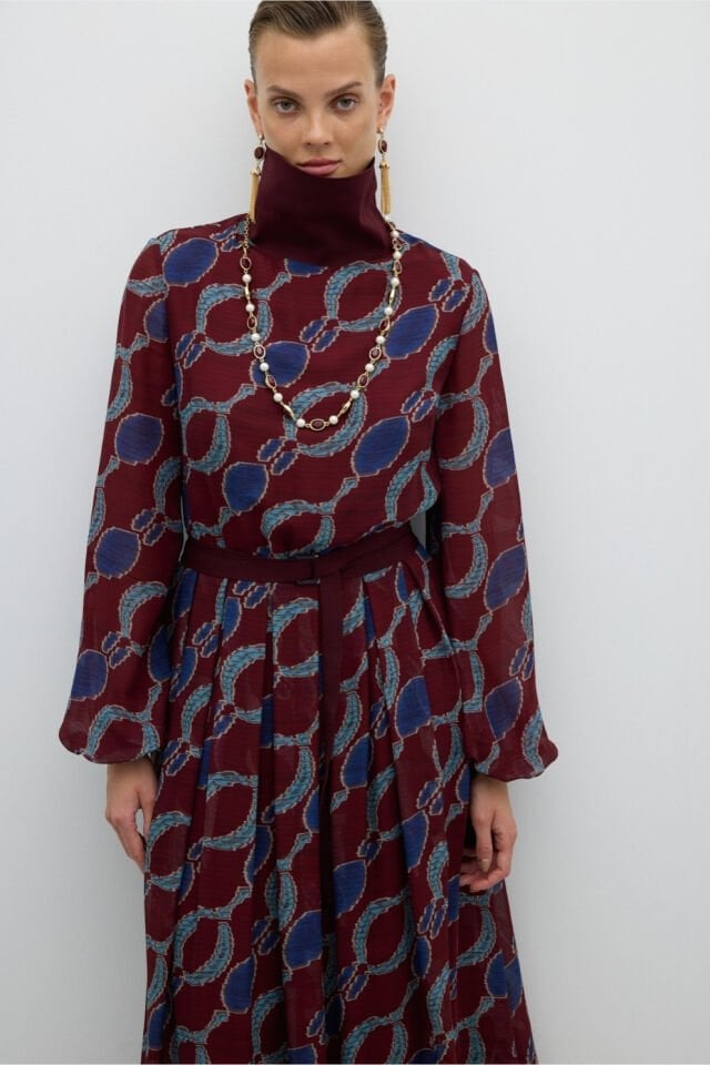 Roman Ribana Yakalı Eteği Pileli Balon Kol Elbise Bordo-Lacivert