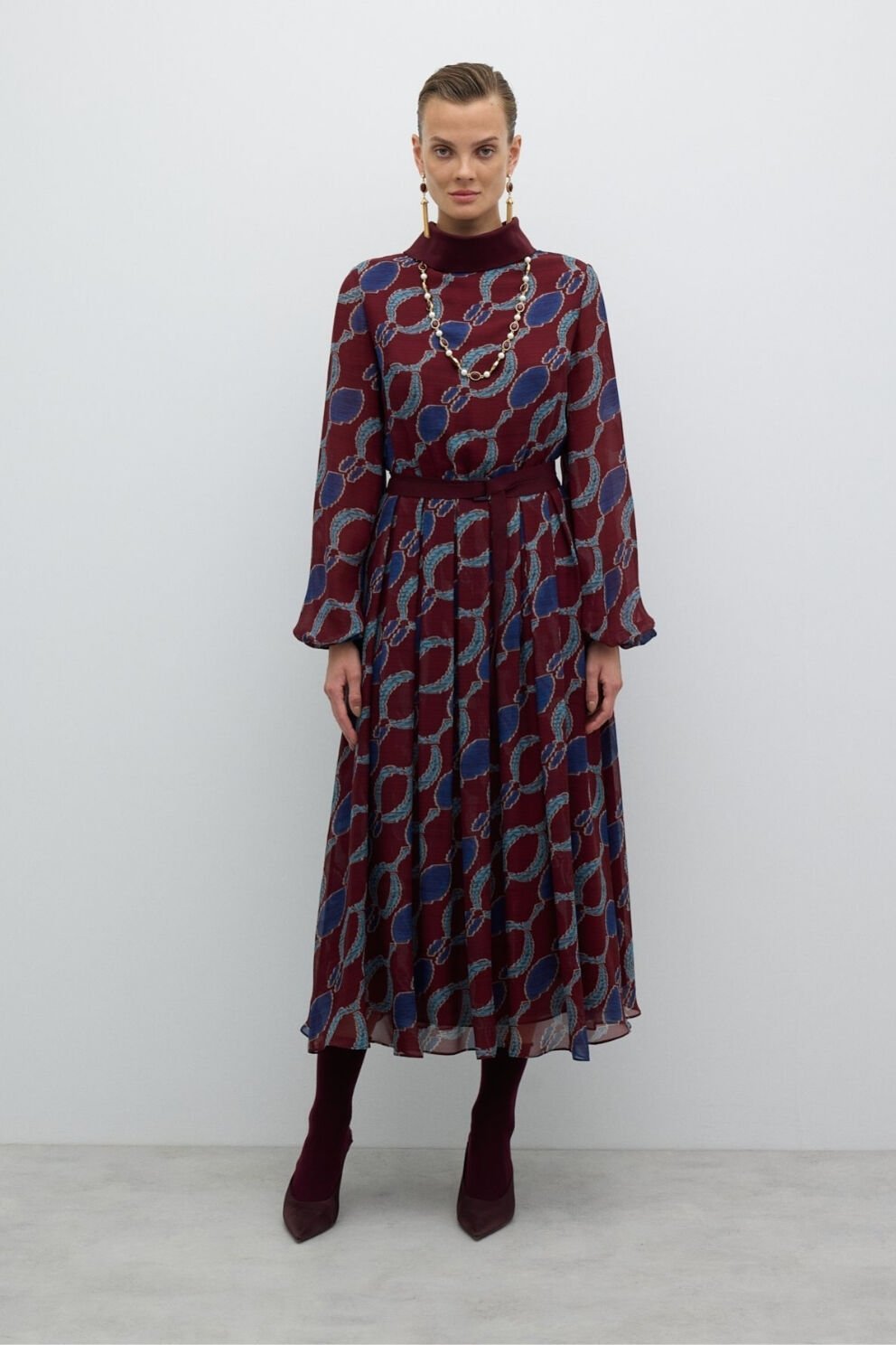 Roman Ribana Yakalı Eteği Pileli Balon Kol Elbise Bordo-Lacivert