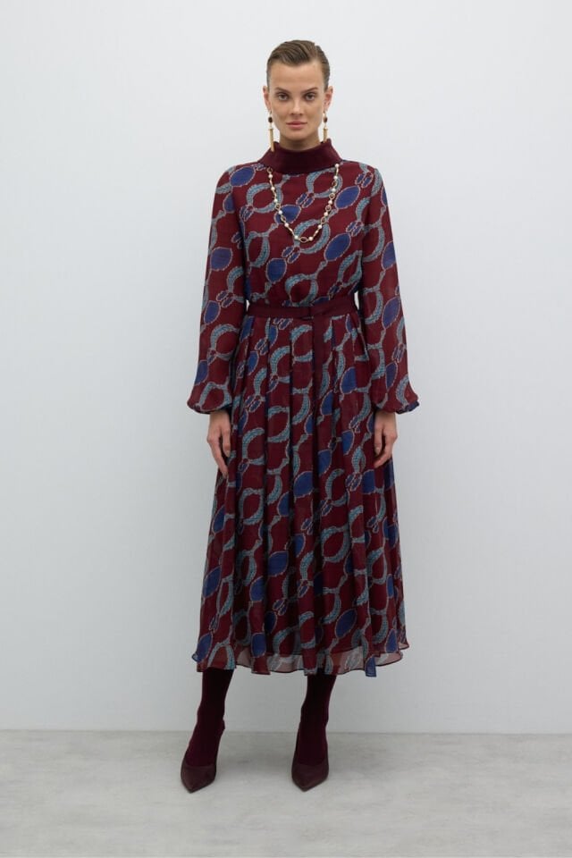 Roman Ribana Yakalı Eteği Pileli Balon Kol Elbise Bordo-Lacivert