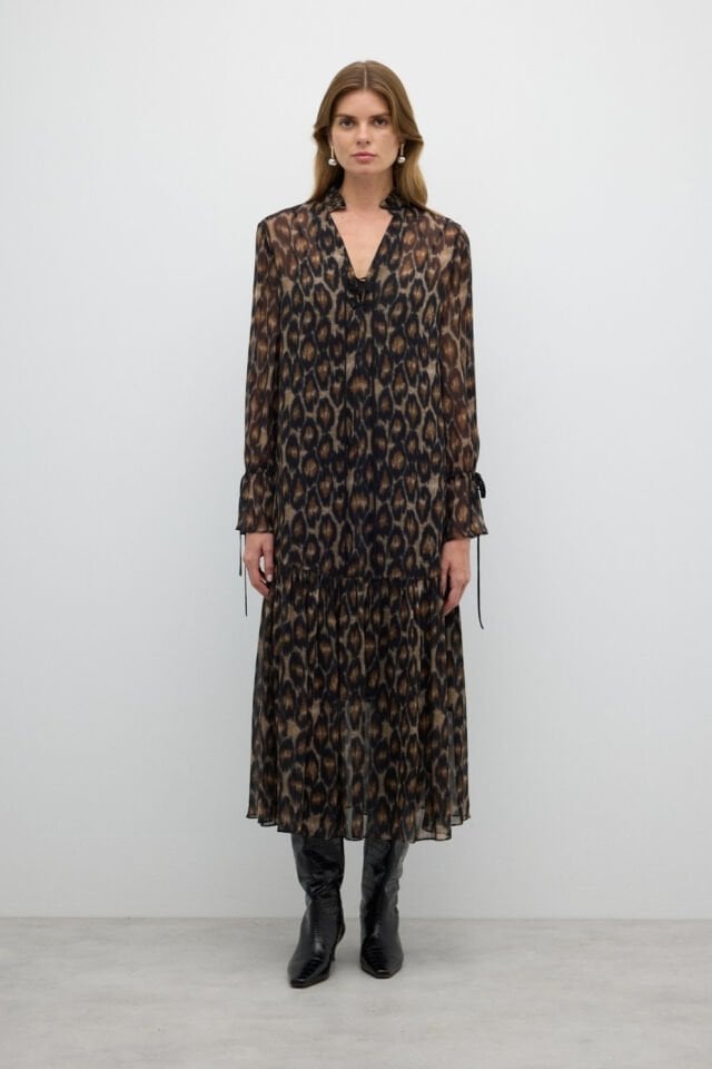 Roman Leopar Desenli Midi Boy Elbise Standart Renk