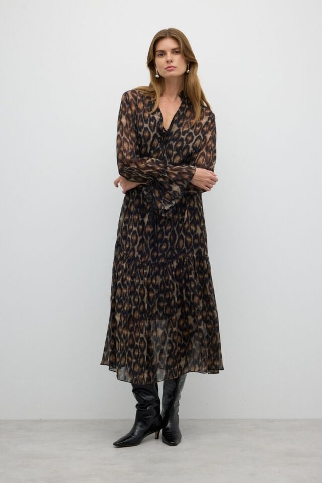 Roman Leopar Desenli Midi Boy Elbise Standart Renk