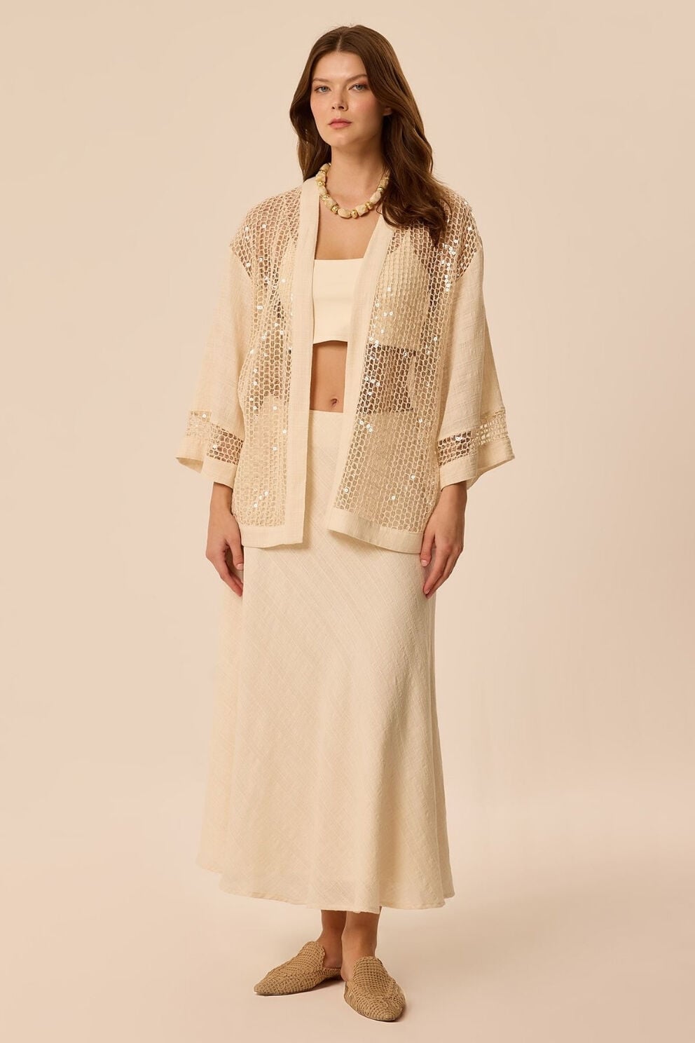 Upgrade Payetli File Mixli Kimono Krem