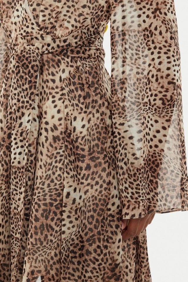Guess Laila Mini Flare Kadın Mini Elbise Mikro Çita Desenli - Kahve