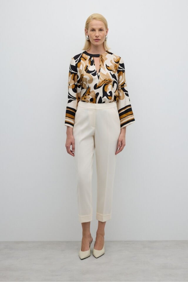 Roman Arka Paçası Ribanalı Pantolon Ekru