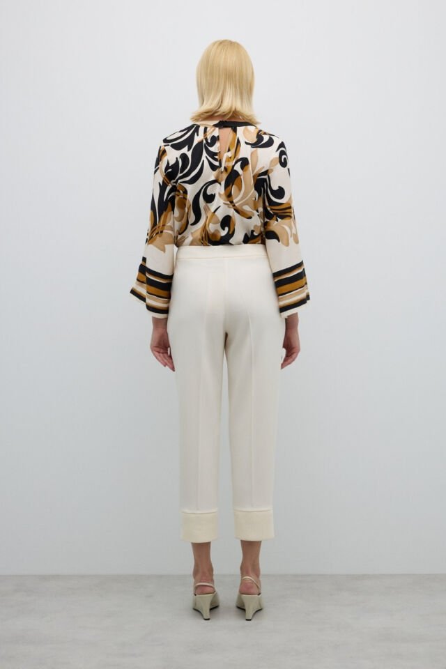 Roman Arka Paçası Ribanalı Pantolon Ekru